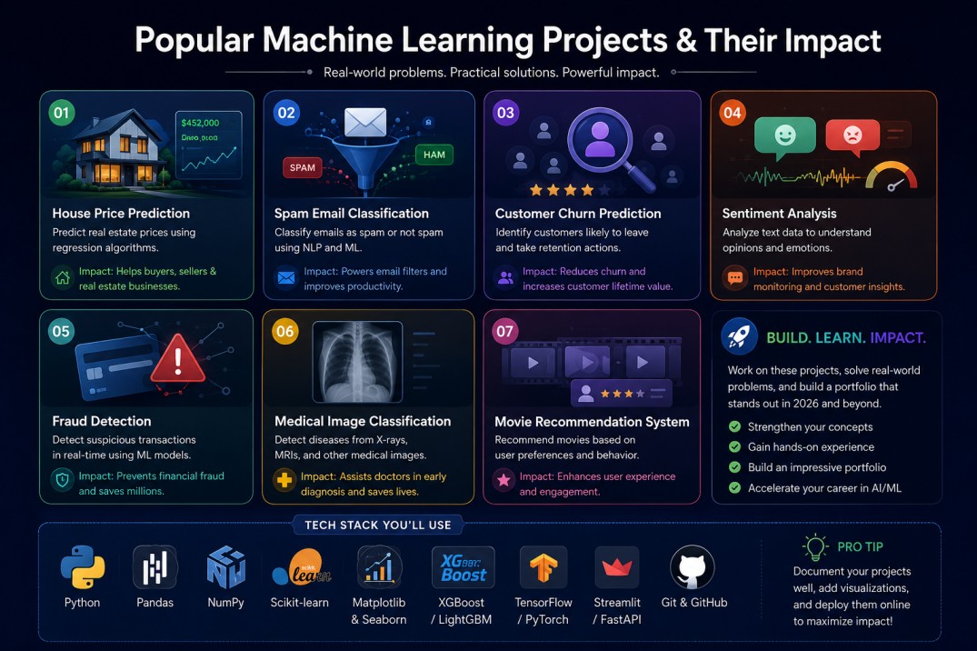 Popular Machine Learning Projects and their real-world impact โ house price prediction, spam classification, customer churn prediction, sentiment analysis, fraud detection, medical image classification, and movie recommendation, with the full Python tech stack including pandas, NumPy, scikit-learn, XGBoost, TensorFlow, PyTorch, and Streamlit